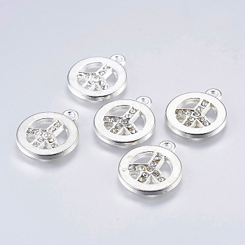 Alloy Rhinestone Pendants, Cadmium Free & Lead Free, Peace Sign, Silver Color Plated, about 17mm wide, 21mm long, hole: 2mm