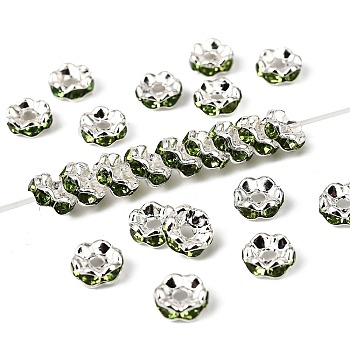 Brass Grade A Rhinestone Spacer Beads, Rondelle, Nickel Free, Silver, Peridot, 6x3mm, Hole: 1mm