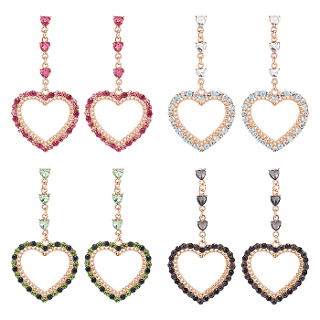 4 Pairs 4 Colors Rhinestone Hollow Heart Dangle Stud Earrings, Alloy Long Drop Earrings with 316 Stainless Steel Pins, Mixed Color, 78.5x39mm, 1 Pair/color