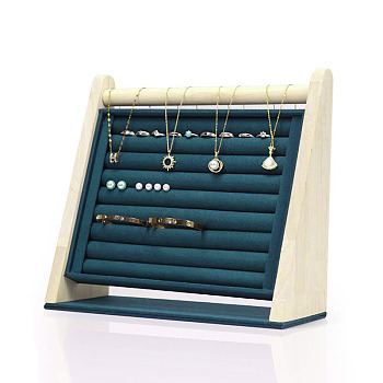 Velvet with Wood Jewelry Display Stands, Multi Layer Jewelry Organizer Holder for Necklaces, Bracelets, Earrings, Rings Storage, Ladder Shape, Dark Green, 29.6x10.9x26.5~26.8cm