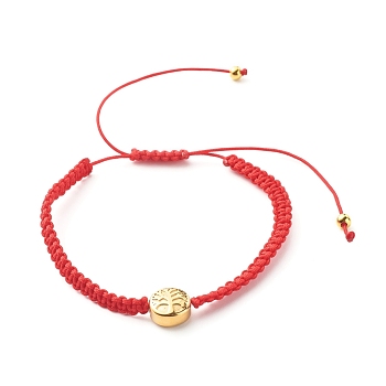Tree of Life Flat Round Beads Braided Bead Bracelet, Adjustable Bracelets for Men Women, Red, 1/4 inch(0.5cm), Inner Diameter: 1-3/4~4 inch(4.5~10cm)