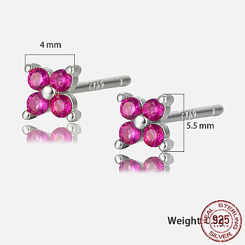 Platinum Rhodium Plated Sterling Silver Flower Stud Earrings, with Cubic Zirconia, with S925 Stamp, Deep Pink, 4x4mm