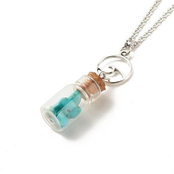 Glass Bottle with Synthetic Turquoise Chips Pendant Necklace, Wish Bottle Necklace with Alloy Wave Charm for Women, 17.91 inch(45.5cm)
