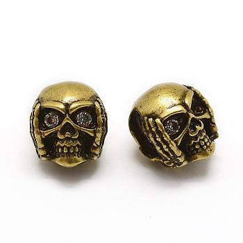 Brass Micro Pave Grade AAA Cubic Zirconia Beads, Cadmium Free & Nickel Free & Lead Free, Skull, Clear, Antique Golden, 11x10x9.5mm, Hole: 3x6mm