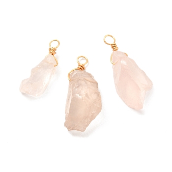 Natural Rose Quartz Pendants, with Real 18K Gold Plated Eco-Friendly Copper Wire, Nuggets, 22~37.5x10~21x7~10mm, Hole: 3mm