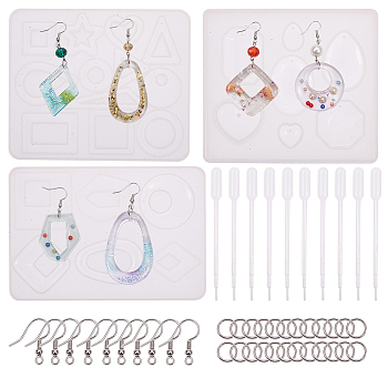 DIY Earring Making, with Pendant Silicone Molds, Resin Casting Molds, For UV Resin, Epoxy Resin Jewelry Making, Brass Earring Hooks and Disposable Plastic Transfer Pipettes, Platinum, 144x98x8mm