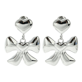 304 Stainless Steel Dangle Stud Earrings, Bowknot with Heart, Stainless Steel Color, 32x24mm