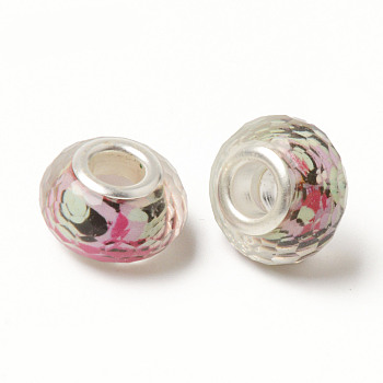 Resin European Beads, Large Hole Beads, with Silver Color Plated Brass Cores, Faceted, Rondelle, Colorful, 14x9mm, Hole: 5mm