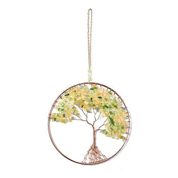 Wire Wrapped Chips Natural Yellow Aventurine Big Pendant Decorations, with Iron Chains and Imitation Leather Rope, Flat Round with Tree of Life, 295mm