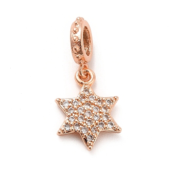 Rack Plating Brass Micro Pave Cubic Zirconia European Dangle Charms, Large Hole Pendants, Star of David Charm, Long-Lasting Plated, Cadmium Free & Lead Free, Rose Gold, 19mm, Hole: 4mm, Star: 12.5x9x2mm