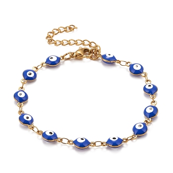 Enamel Oval with Evil Eye Link Chains Bracelet, Vacuum Plating 304 Stainless Steel Jewelry for Women, Golden, Blue, 6-1/2 inch(16.5cm)