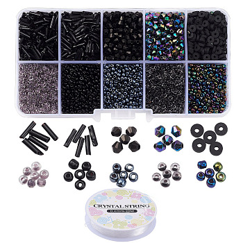 DIY Jewelry Making Kits, Including 12/0 Glass Seed Beads, Glass Bugle Beads, Acrylic Beads, Polymer Clay Beads, Crystal Thread, Black, Beads: 5460pcs/set