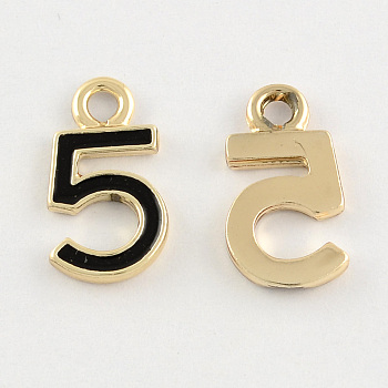 Light Gold Tone Alloy Enamel Pendants, Number 5, Black, 16x9x2mm, Hole: 2mm