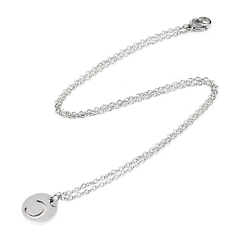 201 Stainless Steel Initial Pendants Necklaces, with Cable Chains, Flat Round with Letter, Stainless Steel Color, Letter.C, 16.3 inch(40cm), 1mm