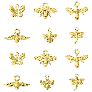 12Pcs 6 Styles 304 Stainless Steel Pendants, Insects, Golden, 12~17x12~22x1.5~2.5mm, Hole: 1~2.5mm, 2pcs/style