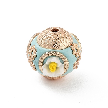 Handmade Indonesia Beads, with Alloy and Resin, Round with Flower, Golden, Pale Turquoise, 16x17~18mm, Hole: 1.8mm