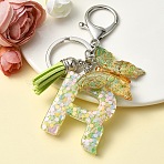 Resin & Acrylic Keychain, with Faux Suede Tassel Pendant & Alloy Findings, Letter R, 9.5cm(KEYC-YW00122-18)