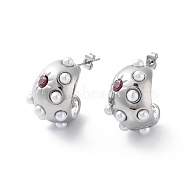 304 Stainless Steel Stud Earrings, Half Hoop Earrings with Plastic Pearl with Cubic Zirconia, Stainless Steel Color, 23.5x15mm(EJEW-D095-19P)