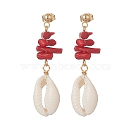 Dyed Chips Synthetic Coral Stud Earrings, Natural Cowrie Shell Dangle Earring for Women, Golden, 49mm, Pin: 0.8mm(EJEW-TA00203)