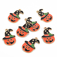 Eco-Friendly Alloy Enamel Pendants, Cadmium Free & Lead Free & Nickel Free, Halloween Pumpkin Jack O Lantern, Light Gold, Orange Red, 30.5x20.5x2.5mm, Hole: 1.8mm(X-ENAM-T011-53-NR)