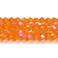 Transparent Electroplate Glass Beads Strands, AB Color Plated, Faceted, Bicone, Orange, 4x4mm, Hole: 0.8mm, about 82~85pcs/strand, 12.01~12.2 inch(30.5~31cm)(EGLA-A039-T4mm-L23)