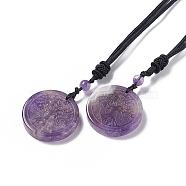 Natural Amethyst Flat Round with Tree of Life Pendant Necklace with Nylon Cord for Women, 25.59~27.95 inch(65~71cm)(NJEW-P274-03-02)