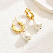 Plastic Imitation Pearl Dangle Hoop Earrings, 304 Stainless Steel Earrings, Golden, 40x20mm(TP0956-1)