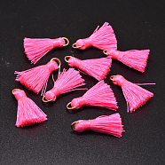 Nylon Tassel Pendant Decorations, with Golden Tone Iron Findings, Pink, 27~30x15mm, Jump Ring: 4mm, Hole: 4x2mm, 10pcs/bag(FIND-D015-04P)