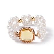 Bling Square Glass Finger Ring, Vintage Shell Pearl Beads Braided Ring for Girl Women, Golden, Yellow, US Size 9(18.9mm)(RJEW-TA00018-05)