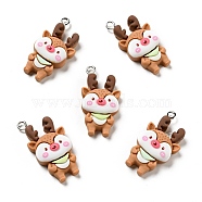 Christmas Opaque Resin Pendants, with Platinum Tone Iron Loops, Reindeer/Stag Charm, Sandy Brown, 30.5x16x7mm, Hole: 2x2.4mm(RESI-G043-B04)