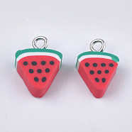 Handmade Polymer Clay Pendants, with Iron Findings, Imitation Food, Watermelon, Platinum, Red, 14.5~15x10~11x4.5mm, Hole: 1.8mm(X-CLAY-S091-91)