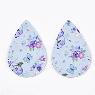 PU Leather Big Pendants, Double Sided, teardrop, With Butterfly Pattern, White, 56x37x2mm, Hole: 1.6mm(X-FIND-R072-10-C05)