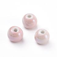 Handmade Porcelain Beads, Pearlized, Round, Pink, 14mm, Hole: 2.5~4mm(PORC-D001-14mm-08)