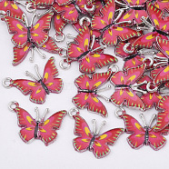 Printed Alloy Pendants, with Enamel, Butterfly, Platinum, Deep Pink, 14x20.5x1.5mm, Hole: 1.6mm(PALLOY-R111-14D)