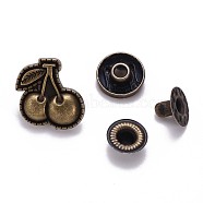 Brass Snap Buttons, Alloy Cap, Garment Buttons, Cadmium Free & Lead Free, Cherry, Antique Bronze, Cap: 17x17mm, Pin: 3mm, Stud: 10x4mm, knob: 4.5mm & 10x6.5mm, knob: 3.5mm, Socket: 12x4mm, half-drill: 5mm, 4pcs/set(SNAP-S012-002-RS)