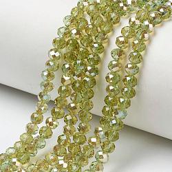 Electroplate Glass Beads Strands, Half Plated, Rainbow Plated, Faceted, Rondelle, Yellow Green, 10x8mm, Hole: 1mm, about 62pcs/strand, 22.05 inch(56cm)(EGLA-A034-T10mm-K15)