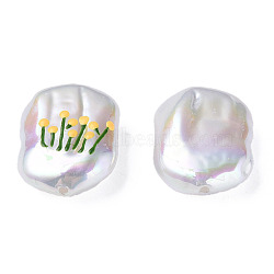 ABS Plastic Imitation Pearl Beads, with Enamel, Oval with Flower, Gold, 21x15x7mm, Hole: 1.2mm(KY-N015-169)