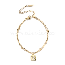 304 Stainless Steel Cable & Satellite Chains Double Layer Multi-strand Bracelet, with Square with Flower Charms, Golden, 6-3/4 inch(17cm)(BJEW-E092-05G)