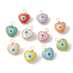 Evil Eye Resin Copper Wire Wrapped Pendants, Heart Charms, Light Gold, Mixed Color, 20x15.5x9mm, Hole: 3.5mm(PALLOY-JF02146)