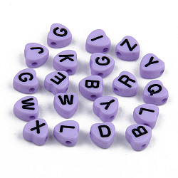 Opaque Acrylic Enamel Beads, Horizontal Hole, Heart with Mixed Black Letters, Lilac, 7x7x4mm, Hole: 1.5mm(X-MACR-S273-37E)