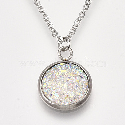 201 Stainless Steel Pendant Necklaces, with Druzy Resin, Cable Chains and Lobster Claw Clasps, Flat Round, Clear AB, 15.7 inch(40cm), 1.5mm, Flat Round: 18x14x4mm(NJEW-T009-JN149-2)