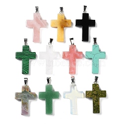 Natural & Synthetic Mixed Gemstone Pendants, Cross Charms with Stainless Steel Color Plated Stainless Steel Snap on Bails, 44~45x27~28x5.5~7.5mm, Hole: 6x3.5mm(G-K357-03P)