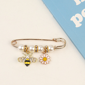 Alloy Enamel Charm Safety Pin Brooches, Imitation Pearl Waist Pants Extender for Women, Golden, Bees Pattern, 57mm