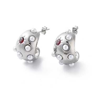 304 Stainless Steel Stud Earrings, Half Hoop Earrings with Plastic Pearl with Cubic Zirconia, Stainless Steel Color, 23.5x15mm