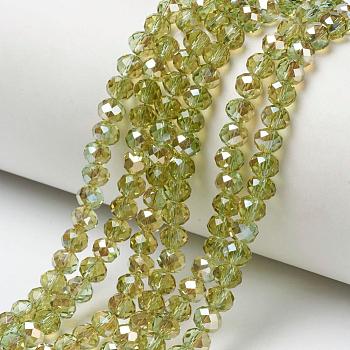 Electroplate Glass Beads Strands, Half Plated, Rainbow Plated, Faceted, Rondelle, Yellow Green, 10x8mm, Hole: 1mm, about 62pcs/strand, 22.05 inch(56cm)