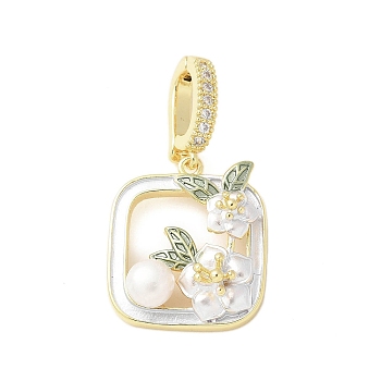 Brass Enamel Pendants, with Natural Freshwater Pearls and Brass Micro Pave Cubic Zirconia Clasp, Square with Flower Charm, White, 20x18x6mm, Hole: 8x5mm