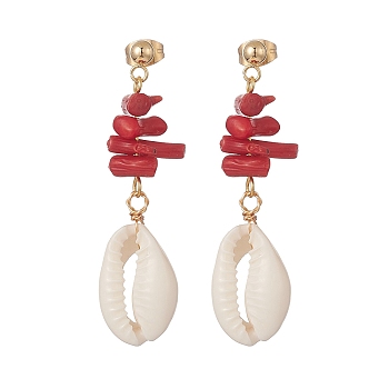 Dyed Chips Synthetic Coral Stud Earrings, Natural Cowrie Shell Dangle Earring for Women, Golden, 49mm, Pin: 0.8mm