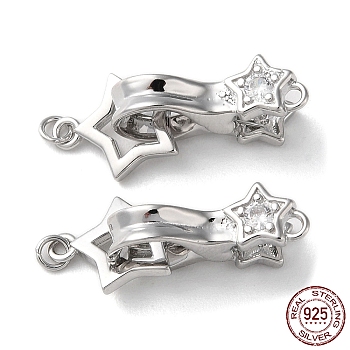 Rhodium Plated 925 Sterling Silver Fold Over Clasps, Long-Lasting Plated, Star with 925 Stamp, Real Platinum Plated, Star: 11x9x1mm, Ring: 3x0.5mm, Inner diameter:2mm, Clasp: 17x7.5x5.5mm, Hole: 1.2mm