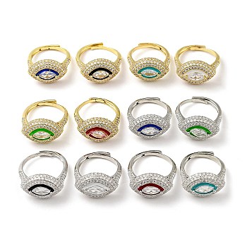 Clear Cubic Zirconia Horse Eye Adjustable Ring with Enamel, Brass Jewelry for Women, Mixed Color, US Size 6 1/4(16.7mm)