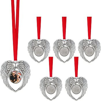 6Pcs Alloy Pendant Cabochon Settings, with Grosgrain Ribbon and Aluminum Cabochon, Wing, Antique Silver, Tray: 25mm, 265mm